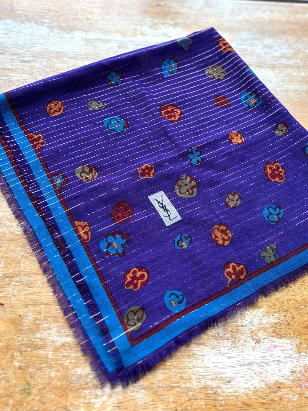 Yves Saint Laurent Purple Floral Logo Wool-Blend Scarf